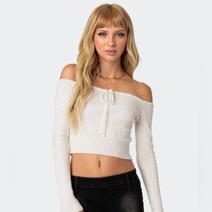 Small Edikted Off the Shoulder cream Sweater with tie detail